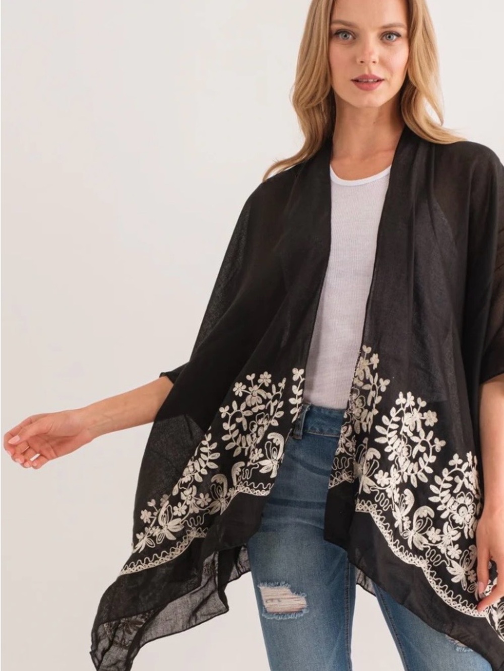 Black Embroidered Kimono Cover-Up with White Floral Trim